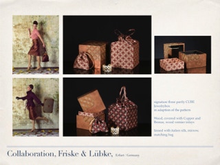 a collaborative work between Christiane Campion and fashion designers of Friske Luebke using the same fabric for dresses and art suitcases
