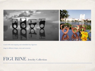 Figurine ring collection uses little 3D printed figurines embedded into resin and an unique piece of wood